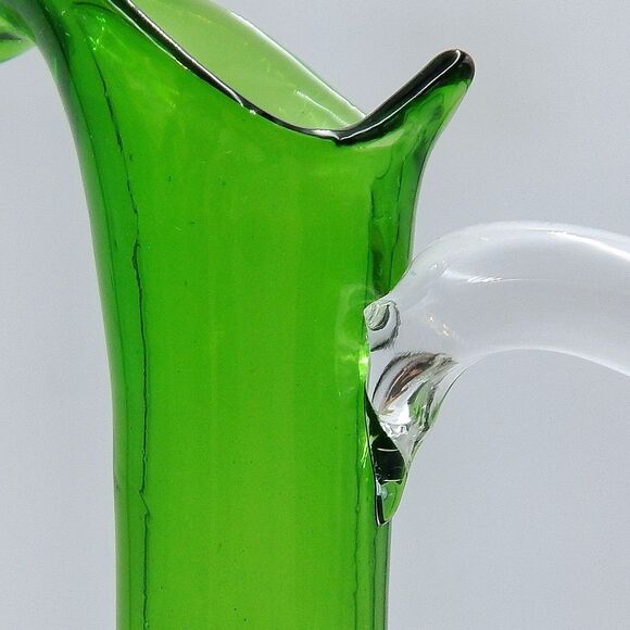 Hand Blown Green Glass Pedestal Ewer Pitcher Clear Handle Footed Decanter 12 In - Picture 11 of 13